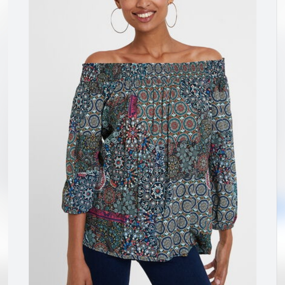 Desigual Blouse‎ Womens Size XS Multi-colored Off The Shoulder 3/4 Sleeve Flowy